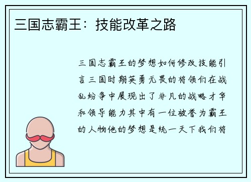 三国志霸王：技能改革之路