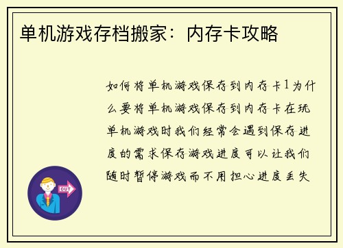 单机游戏存档搬家：内存卡攻略